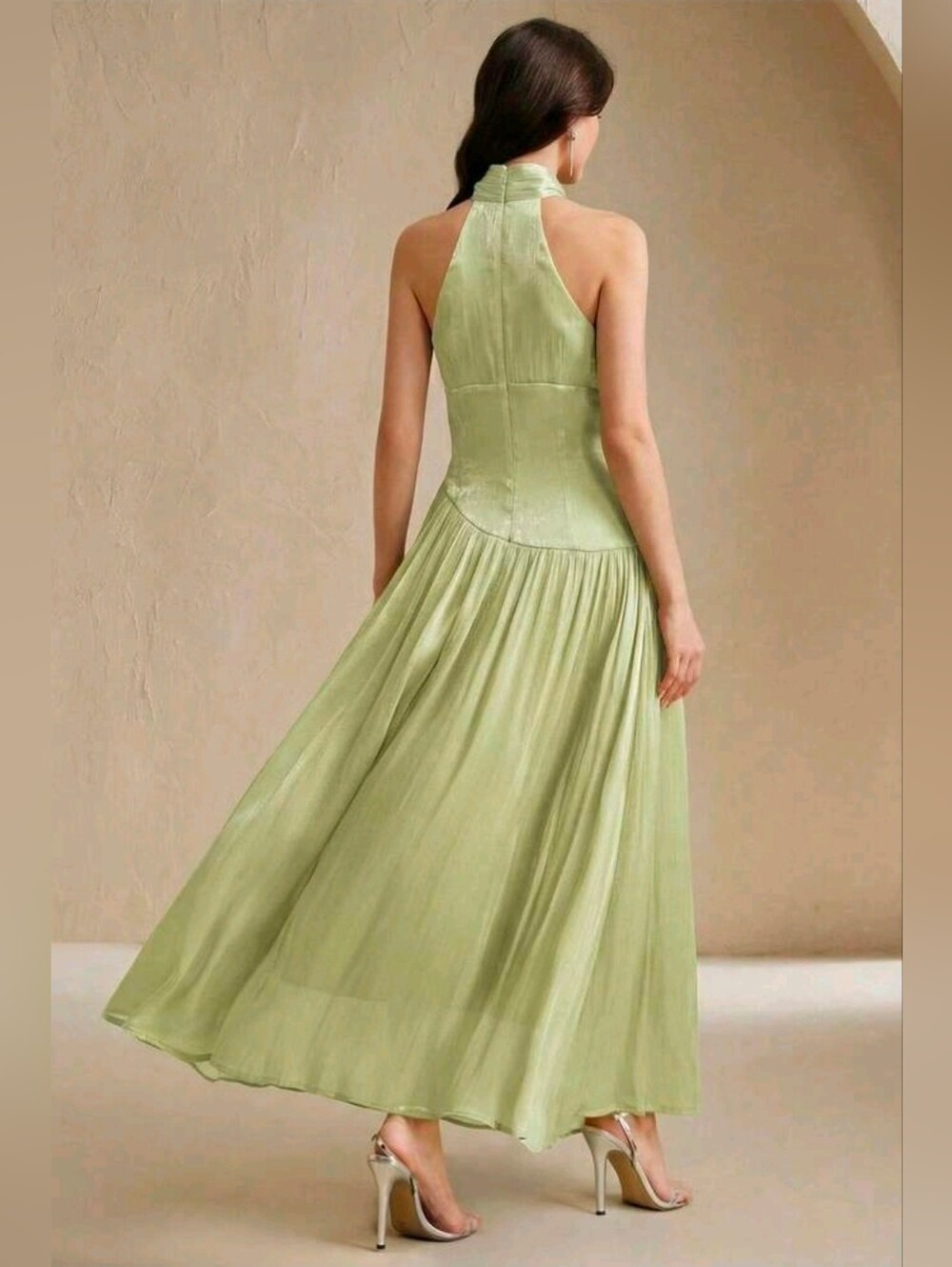New Metallic Crinkled Halter Rhinestone Trim Maxi Dress Green - Picture 6 of 15